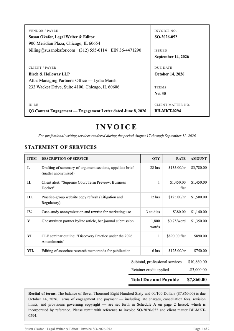Legal formal freelance writer invoice